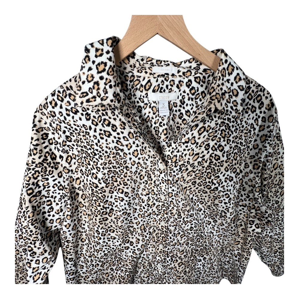 Chicos Button Down Shirt Womens Sz 3 Large No Iron Animal Print‎ Career